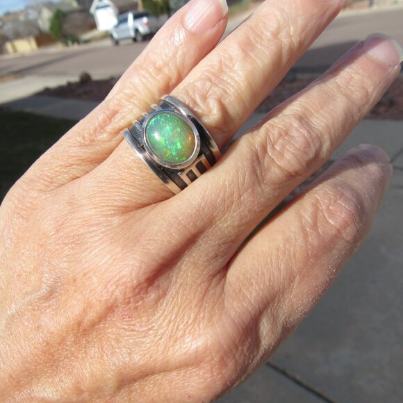 Beautiful Flashy Sterling Silver Large Opal Ring Wide Band Size 7 Fits 6.5-6.75 - Picture 7 of 16